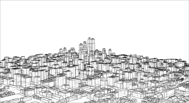 Wire-frame City, Blueprint Style. 3D Rendering. Architecture Design Background