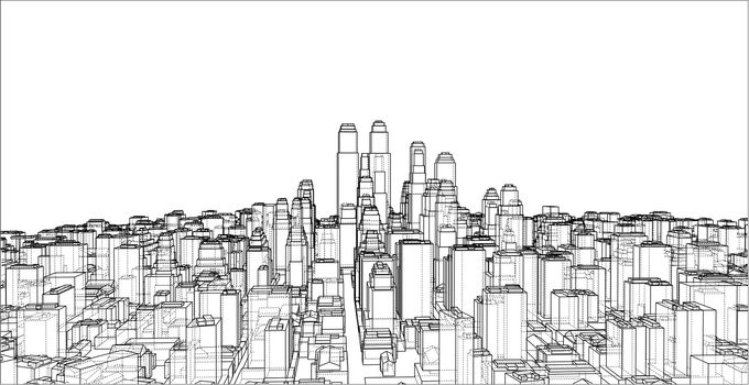 Wire-frame City, Blueprint Style. 3D Rendering. Architecture Design Background