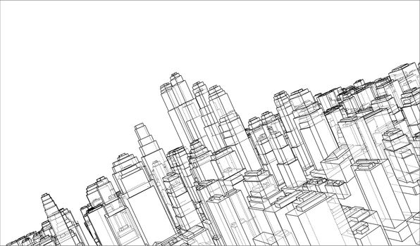 Wire-frame City, Blueprint Style. 3D Rendering. Architecture Design Background