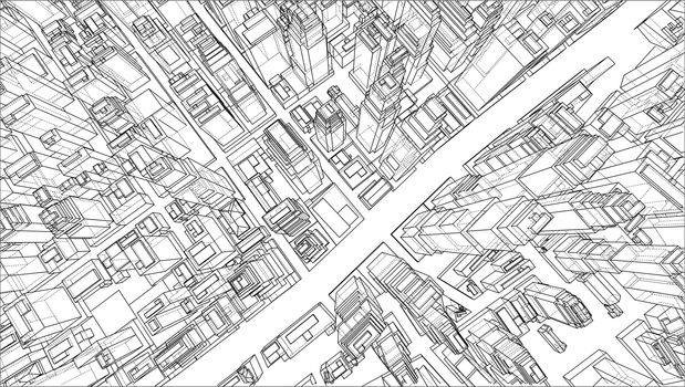 Wire-frame City, Blueprint Style. 3D Rendering. Architecture Design Background