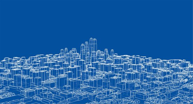 Wire-frame City, Blueprint Style. 3D Rendering. Architecture Design Background