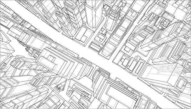 Wire-frame City, Blueprint Style. 3D Rendering. Architecture Design Background