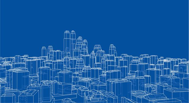 Wire-frame City, Blueprint Style. 3D Rendering. Architecture Design Background