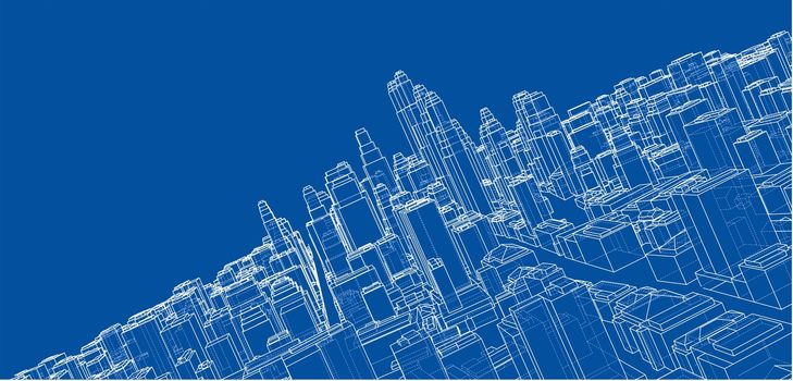 Wire-frame City, Blueprint Style. 3D Rendering. Architecture Design Background