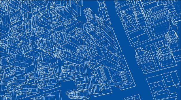 Wire-frame City, Blueprint Style. 3D Rendering. Architecture Design Background