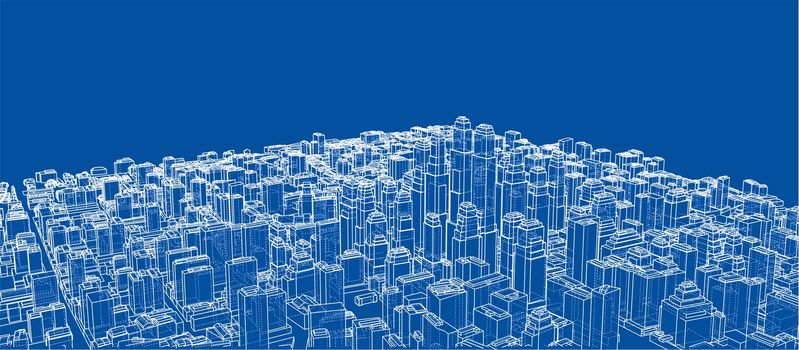 Wire-frame City, Blueprint Style. 3D Rendering. Architecture Design Background