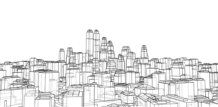 Wire-frame City, Blueprint Style. 3D Rendering. Architecture Design Background