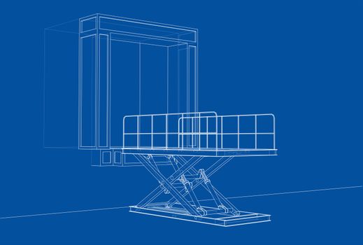 Dock leveler concept. 3d illustration. Wire-frame style