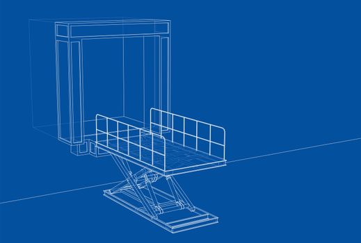 Dock leveler concept. 3d illustration. Wire-frame style