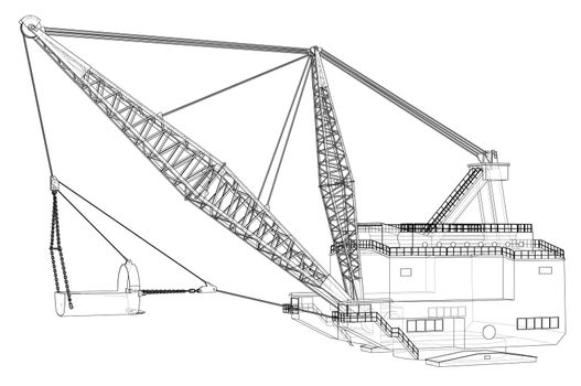 Dragline walking excavator. 3d illustration. Wire-frame style