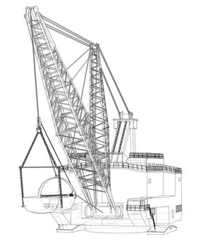 Dragline walking excavator. 3d illustration. Wire-frame style