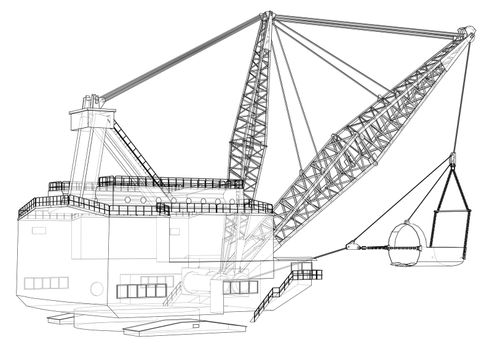 Dragline walking excavator. 3d illustration. Wire-frame style