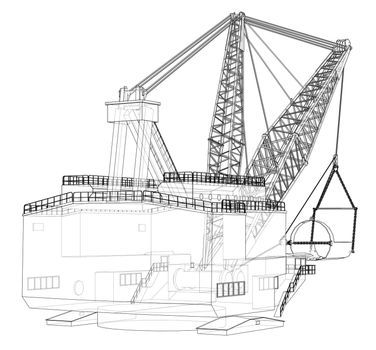 Dragline walking excavator. 3d illustration. Wire-frame style