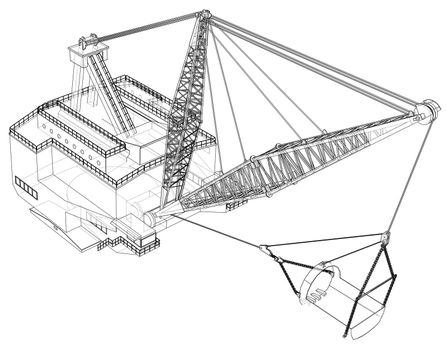 Dragline walking excavator. 3d illustration. Wire-frame style