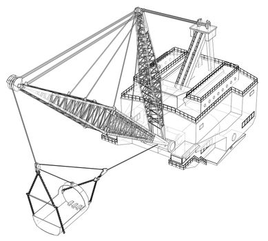 Dragline walking excavator. 3d illustration. Wire-frame style