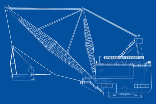 Dragline walking excavator. 3d illustration. Wire-frame style