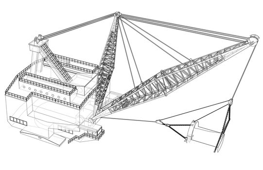 Dragline walking excavator. 3d illustration. Wire-frame style