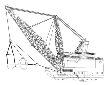 Dragline walking excavator. 3d illustration. Wire-frame style