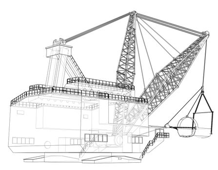 Dragline walking excavator. 3d illustration. Wire-frame style