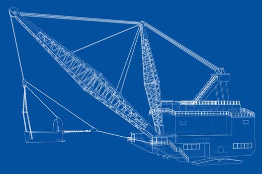 Dragline walking excavator. 3d illustration. Wire-frame style