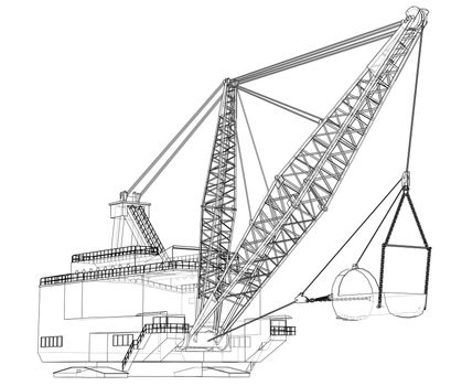 Dragline walking excavator. 3d illustration. Wire-frame style