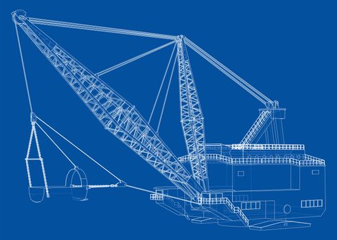 Dragline walking excavator. 3d illustration. Wire-frame style