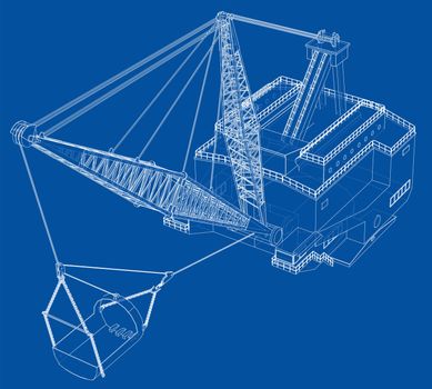 Dragline walking excavator. 3d illustration. Wire-frame style