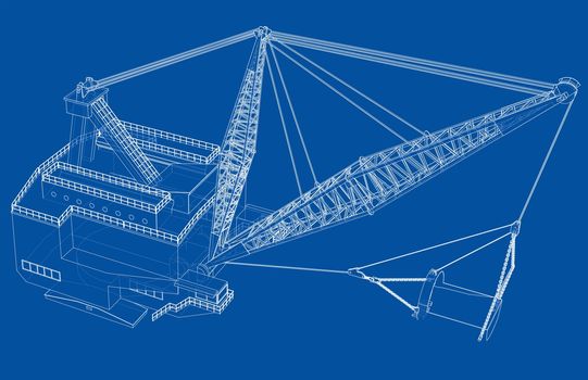 Dragline walking excavator. 3d illustration. Wire-frame style