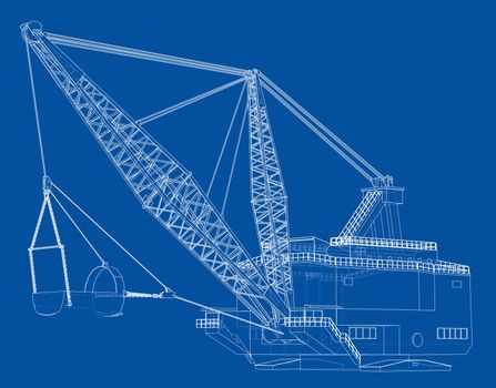 Dragline walking excavator. 3d illustration. Wire-frame style