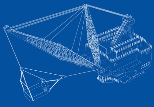 Dragline walking excavator. 3d illustration. Wire-frame style