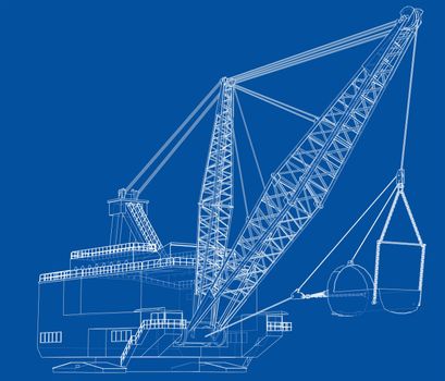 Dragline walking excavator. 3d illustration. Wire-frame style