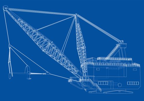 Dragline walking excavator. 3d illustration. Wire-frame style