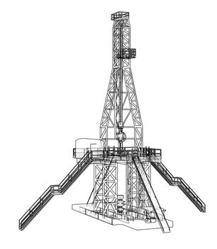 Oil rig concept. 3d illustration. Wire-frame style