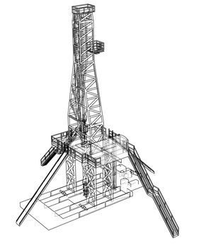 Oil rig concept. 3d illustration. Wire-frame style