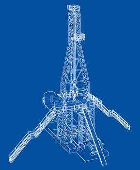 Oil rig concept. 3d illustration. Wire-frame style