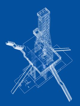 Oil rig concept. 3d illustration. Wire-frame style