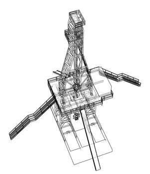 Oil rig concept. 3d illustration. Wire-frame style