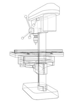 Drilling machine concept. 3d illustration. Wire-frame style