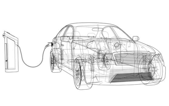 Electric Vehicle Charging Station Sketch. 3d illustration. Wire-frame style