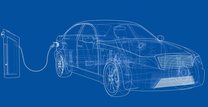 Electric Vehicle Charging Station Sketch. 3d illustration. Wire-frame style