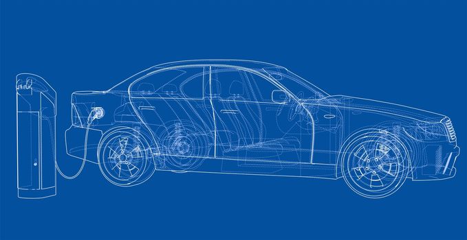 Electric Vehicle Charging Station Sketch. 3d illustration. Wire-frame style