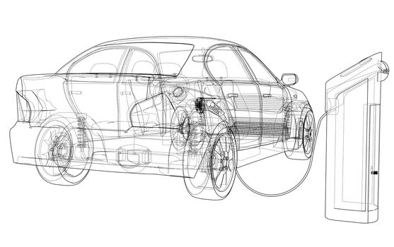 Electric Vehicle Charging Station Sketch. 3d illustration. Wire-frame style