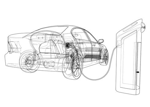 Electric Vehicle Charging Station Sketch. 3d illustration. Wire-frame style