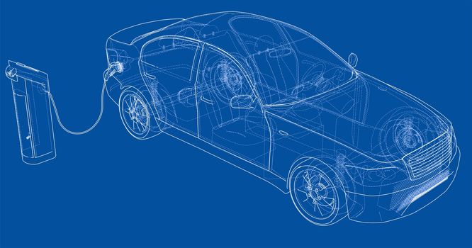 Electric Vehicle Charging Station Sketch. 3d illustration. Wire-frame style