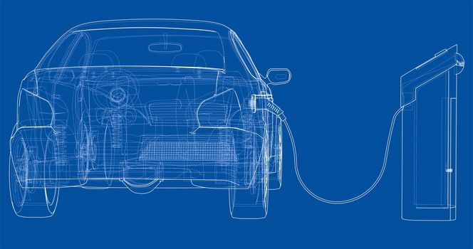 Electric Vehicle Charging Station Sketch. 3d illustration. Wire-frame style