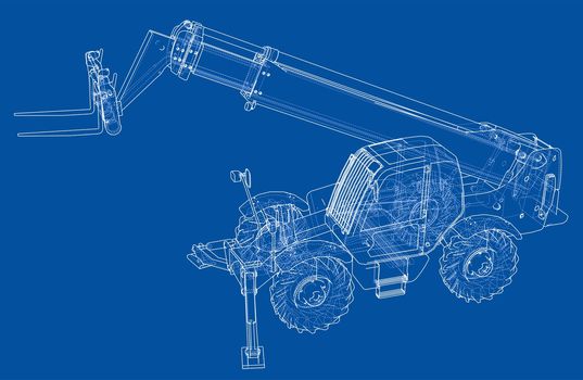 Forklift concept. 3d illustration. Blueprint or Wire-frame style