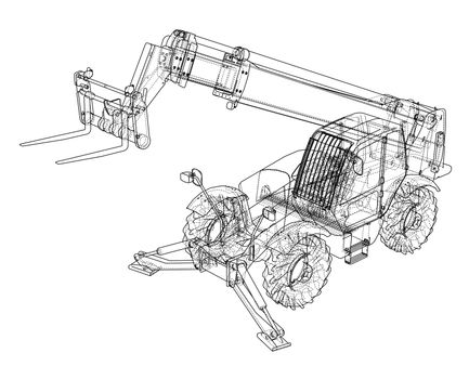 Forklift concept. 3d illustration. Blueprint or Wire-frame style