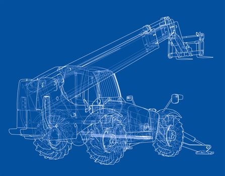 Forklift concept. 3d illustration. Blueprint or Wire-frame style