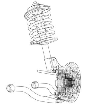 Car suspension with shock absorber. 3d illustration. Wire-frame style