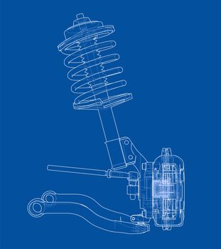 Car suspension with shock absorber. 3d illustration. Wire-frame style